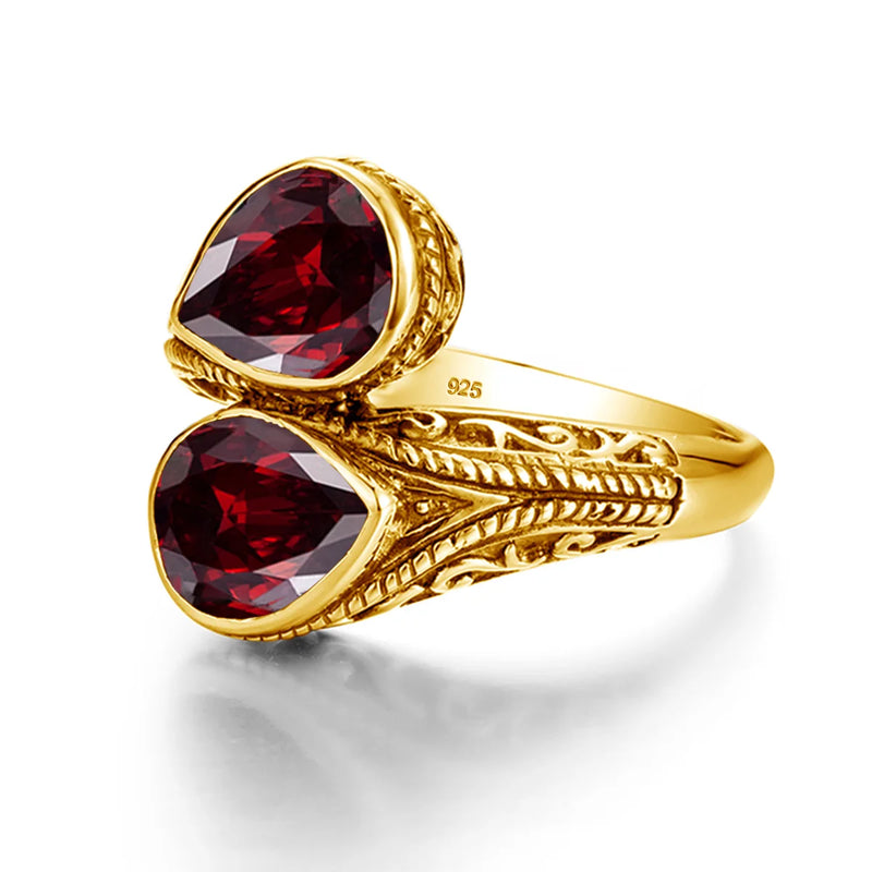 Yellow Gold Red Garnet Teardrop Ring for Women