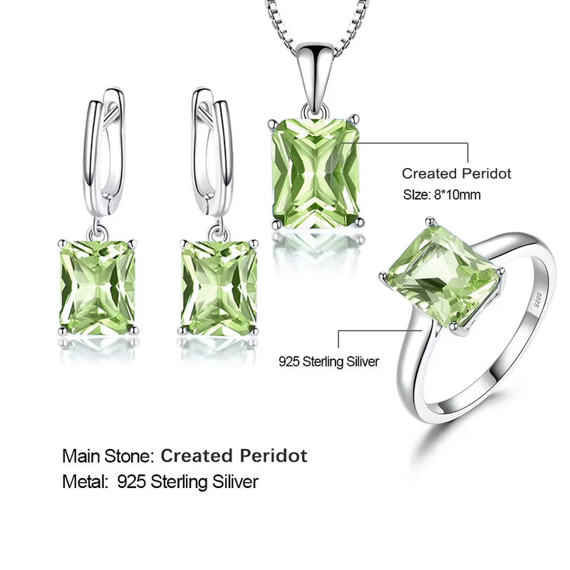 Sterling Silver Peridot Earrings Pendant Ring Set for Her