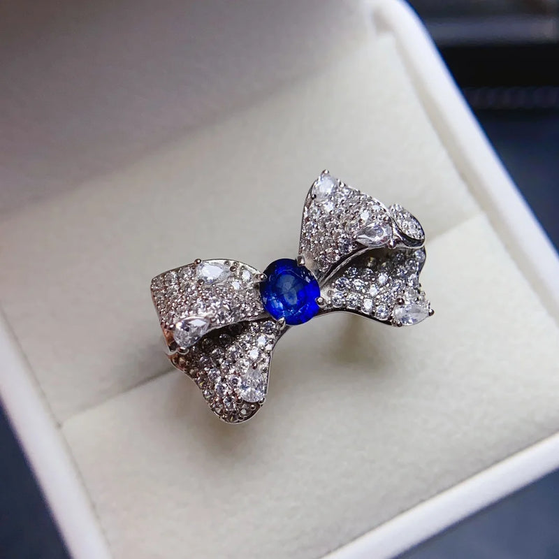 Sterling Silver Natural Sapphire Zircon Bow Ring for Women