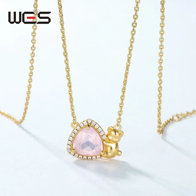 Gold Plated Cartoon Bear Necklace, Rose Quartz for Women