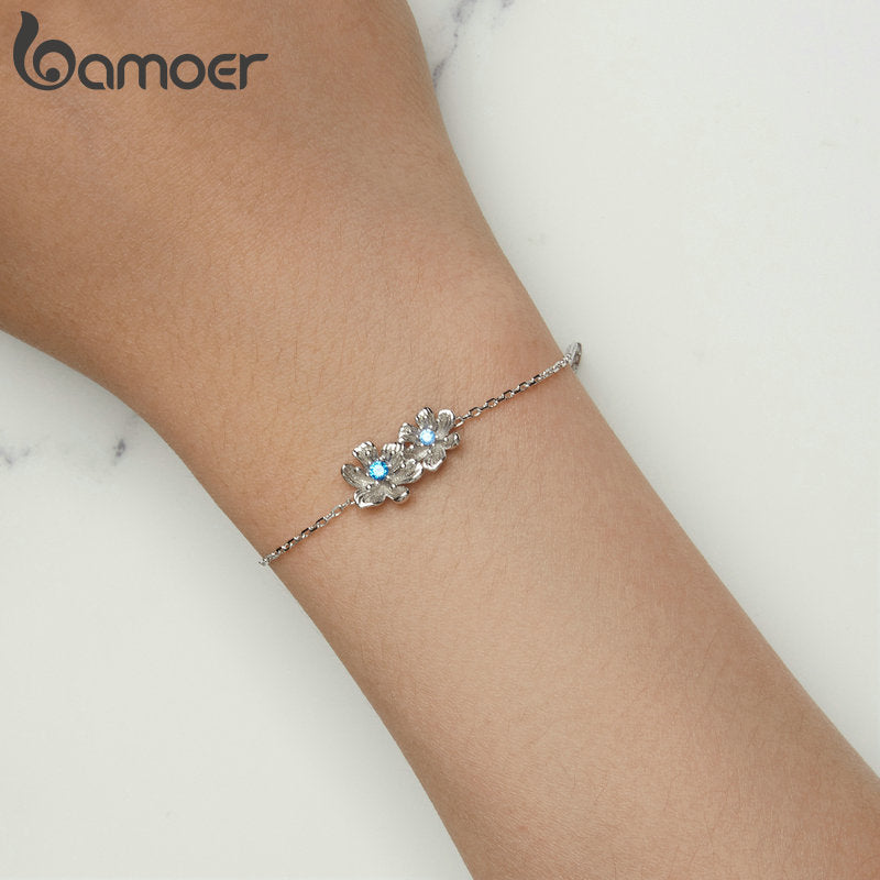 925 Sterling Silver Blue Zircon Flower Bracelet for Women