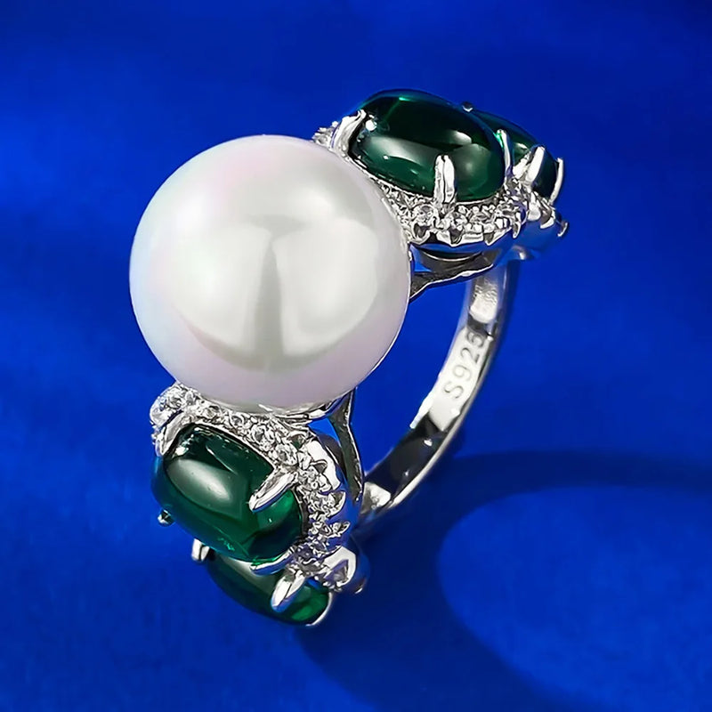 Solid 925 Silver Round Pearl & Emerald Ring for Women