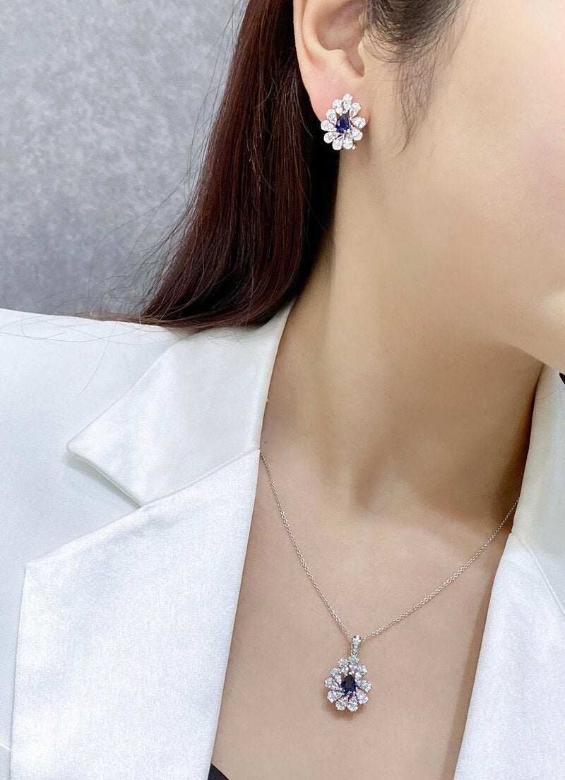 18K White Gold Blue Sapphire Flower Earrings for Women