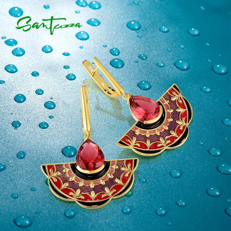 Sterling Silver Pink Red Stone Enamel Earrings for Women