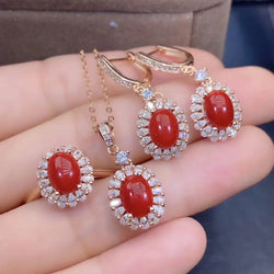 925 Sterling Silver Natural Red Coral Jewelry Set for Women