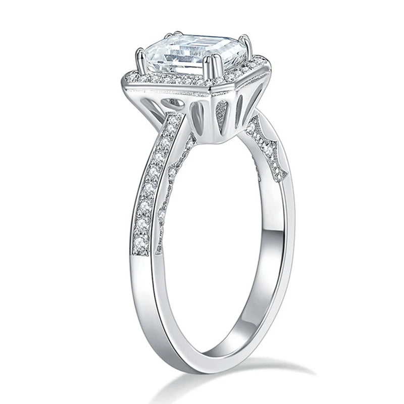 925 Sterling Silver Real Moissanite Emerald Cut Engagement Ring