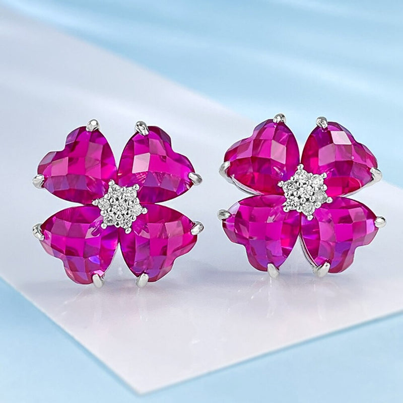 Sterling Silver Flower Ruby and Diamond Earrings for Women