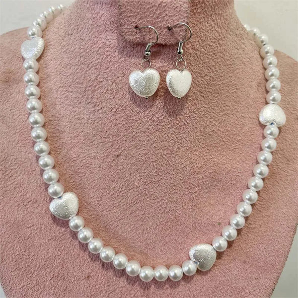 Plastic White Pearls Jewelry Set Necklace Earring Bracelet Chain Choker for Women