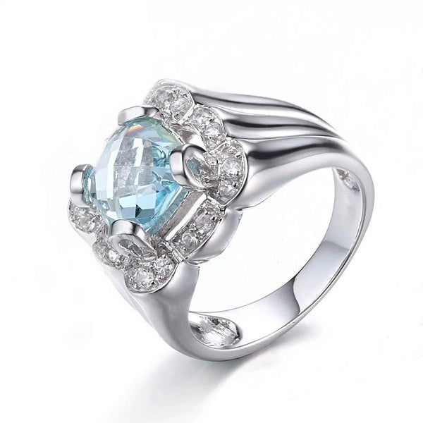 Sterling Silver 925 Cushion Cut Blue Topaz 8mm Moissanite Engagement Ring for Women