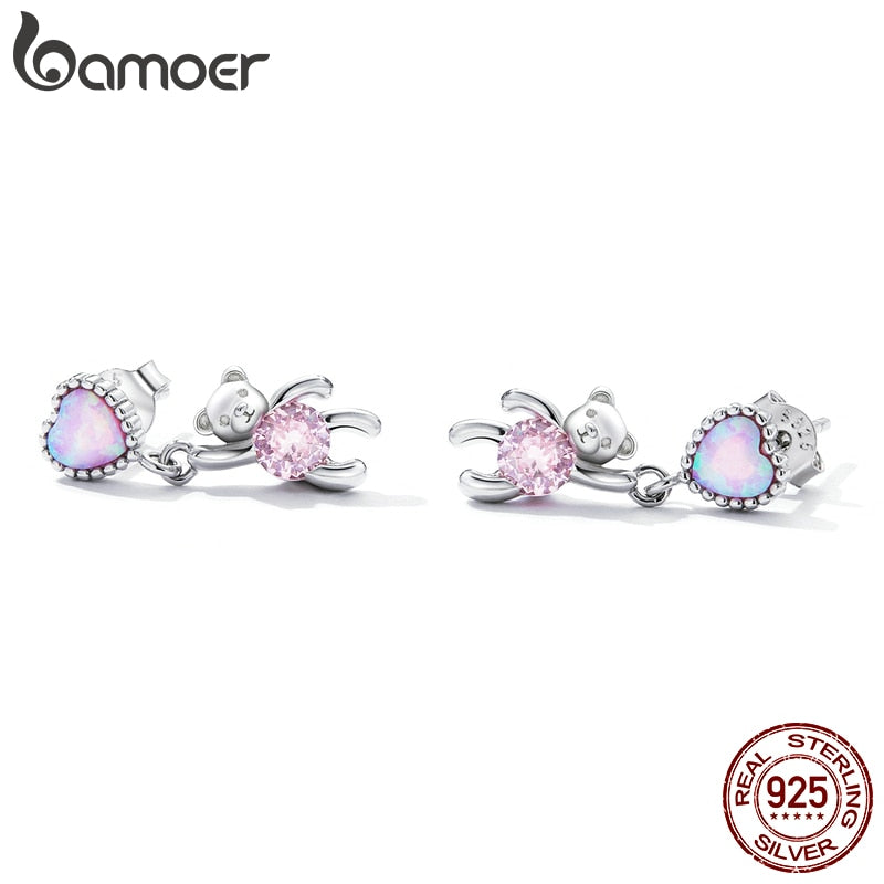 Sterling Silver Pink Heart Stud Earrings for Women