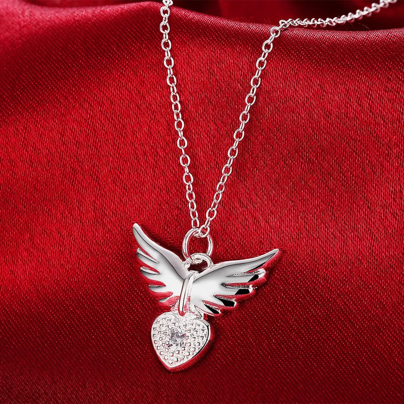 Sterling Silver 18 inches Zircon Heart Wings Pendant Necklace for Women