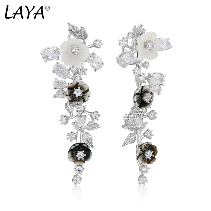 Sterling Silver Natural Shell Zircon Flower Drop Earrings for Women