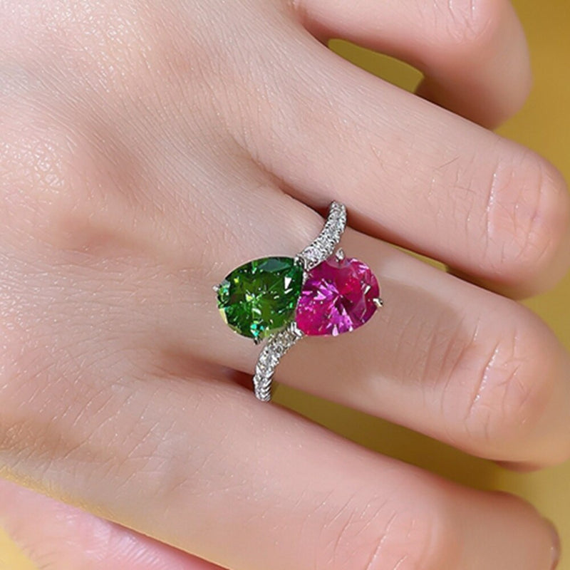 925 Sterling Silver Pear Cut 2 ctw Green Red High Carbon Diamond Rings for Women