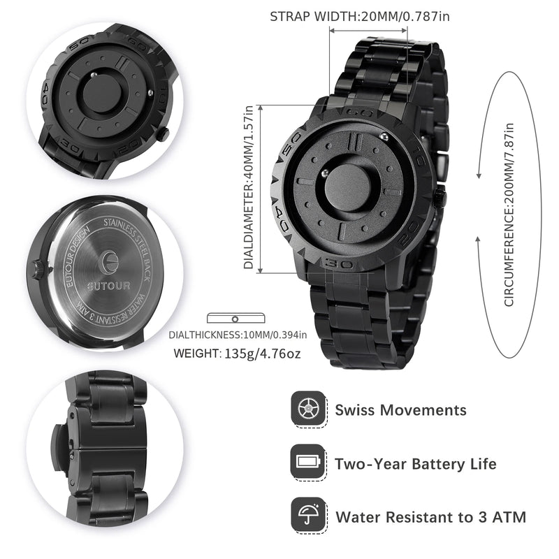 Stainless Steel Resin/Leather 3D PVD Black Dial Watch for Men