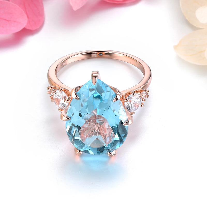 Sterling Silver Rose Gold Plated Natural Sky Blue Topaz Drop Ring