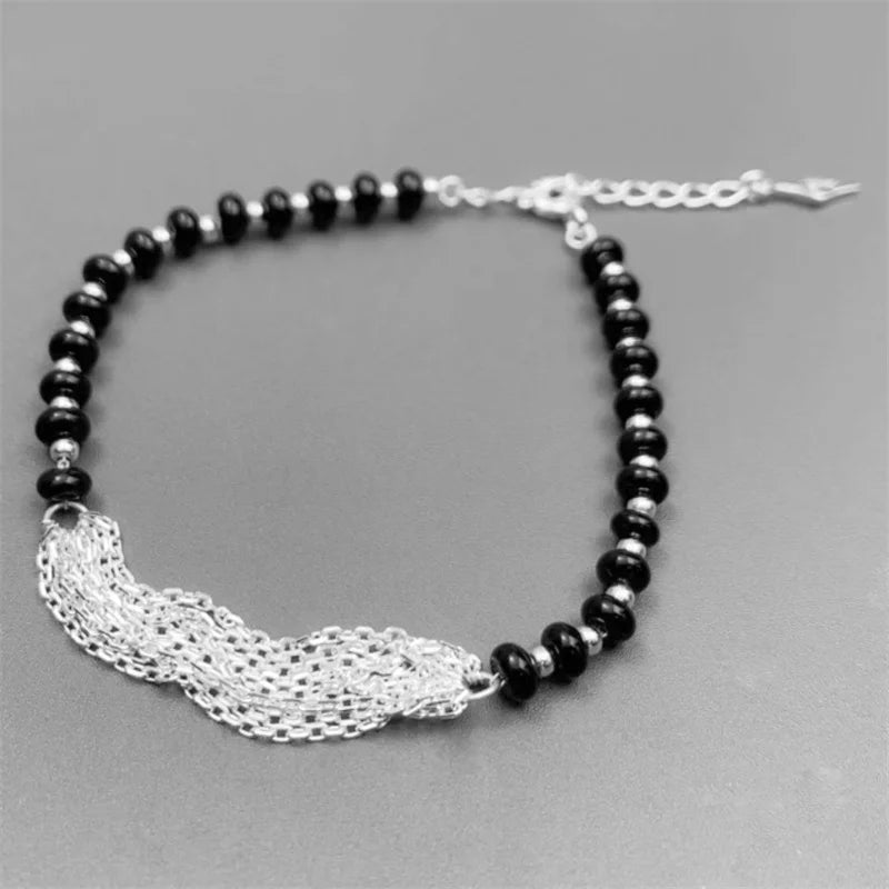 Sterling Silver Multi-layer Chain with Black Agate Bracelet for Women