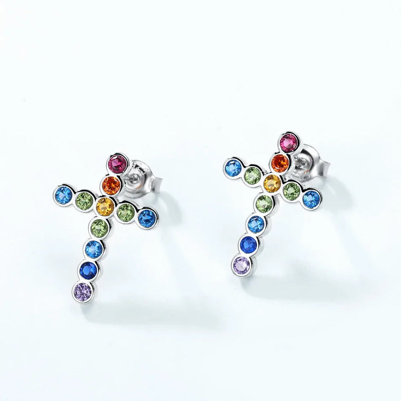 Sterling Silver 2.2mm Zircon Rainbow Cross Stud Earrings for Women