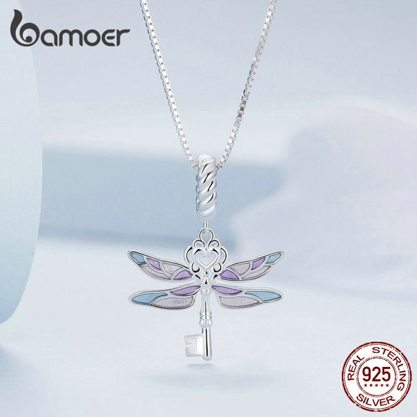 Sterling Silver Enamel Dragonfly Pendant Necklace for Women