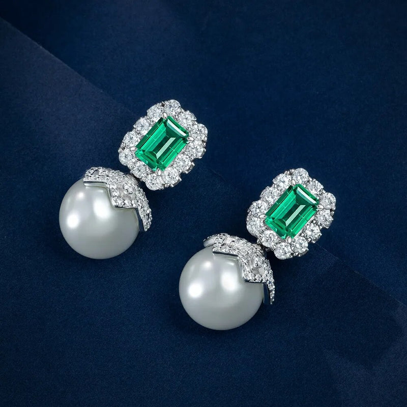 Sterling Silver Emerald Sapphire Gemstone Drop Earrings for Ladies