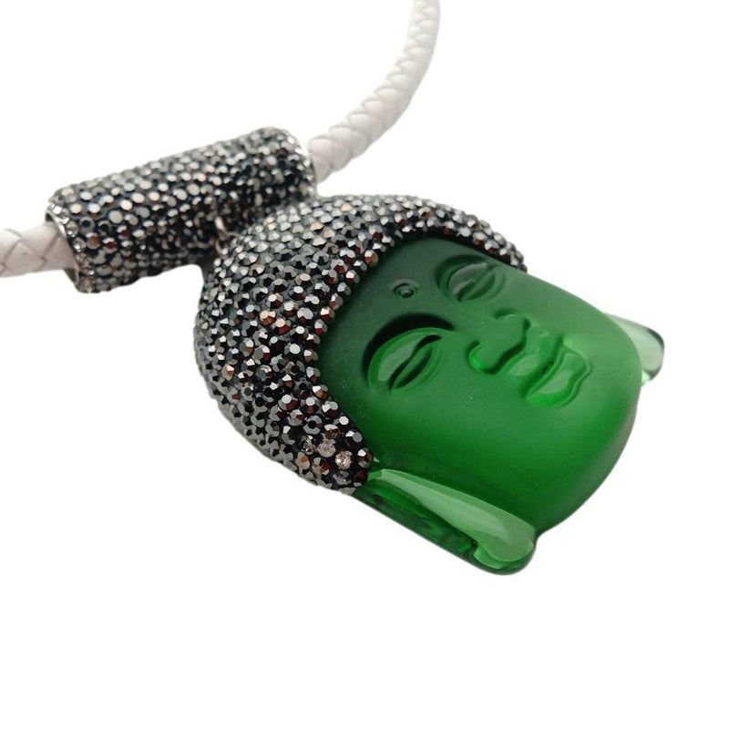 Y.YING 36x48mm Green Quartz Carved Buddha Head Pendant White Leather Choker Necklace