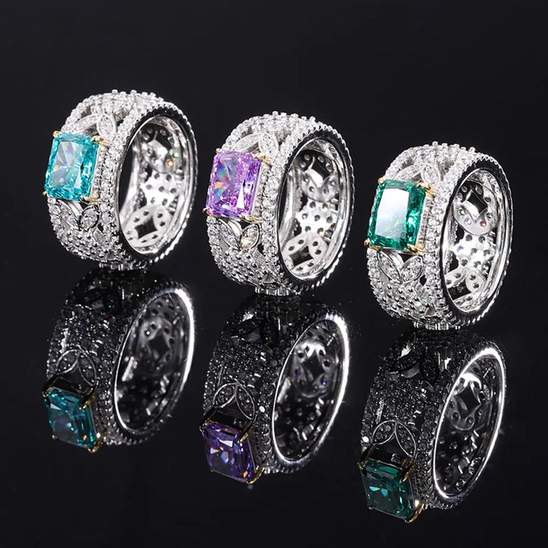 Sterling Silver 2CT Radiant Cut Moissanite, Emerald, Amethyst, Aquamarine Ring for Women