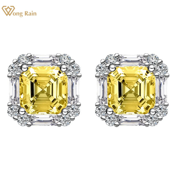 Wong Rain 925 Sterling Silver Asscher Cut 7*7MM Citrine High Carbon Diamond Gemstone 18K Gold Plated Earrings Studs Fine Jewelry