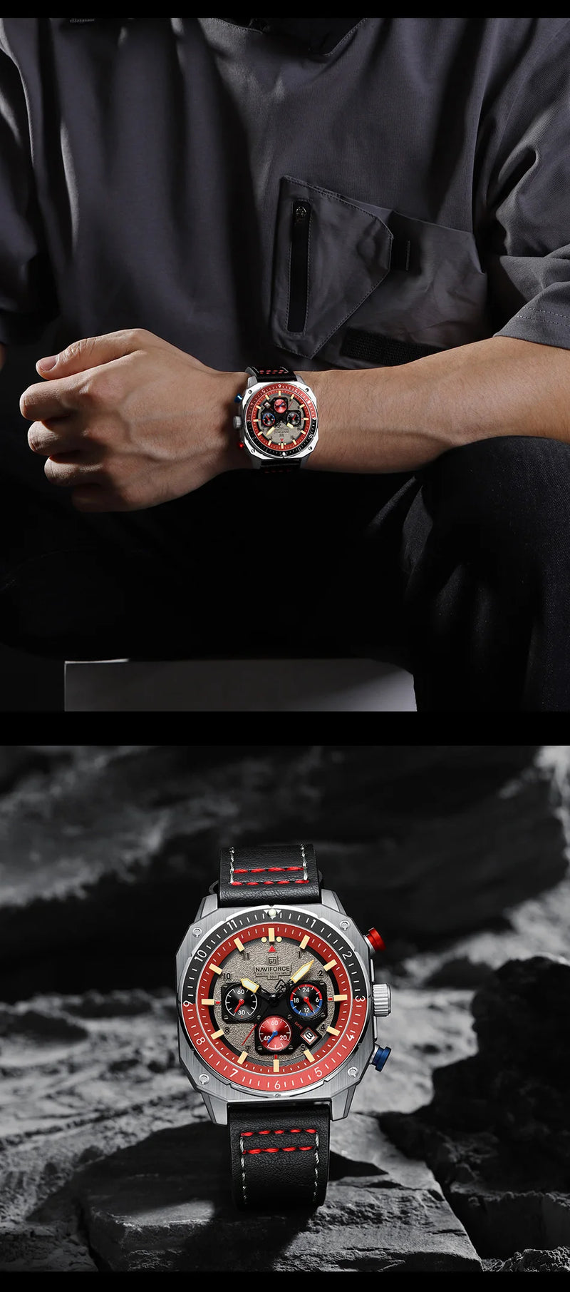 Stainless Steel Black Leather Sports Waterproof Multifunction Square Luminous Quartz Watch for Men