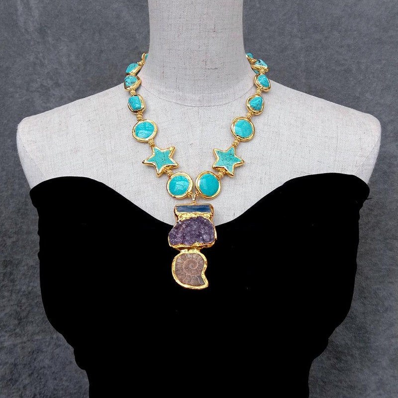 Y.YING Blue Turquoise Necklace Amethyst Kyanite Pendant For Women Necklace