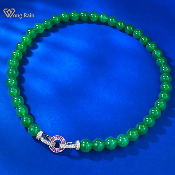 Wong Rain Vintage 925 Sterling Silver 10 MM Green Jade High Carbon Diamond Gemstone Necklace for Women Jewelry Anniversary Gifts