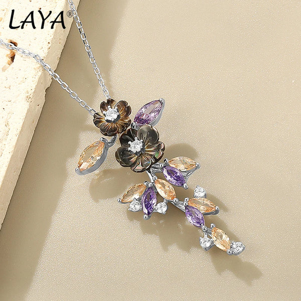 Silver Floral Pendant with Purple & Yellow Zircon Necklace for Women