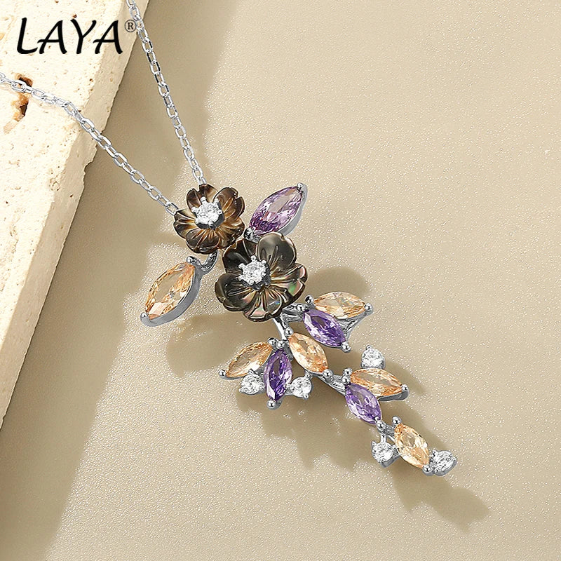 Silver Floral Pendant with Purple & Yellow Zircon Necklace for Women