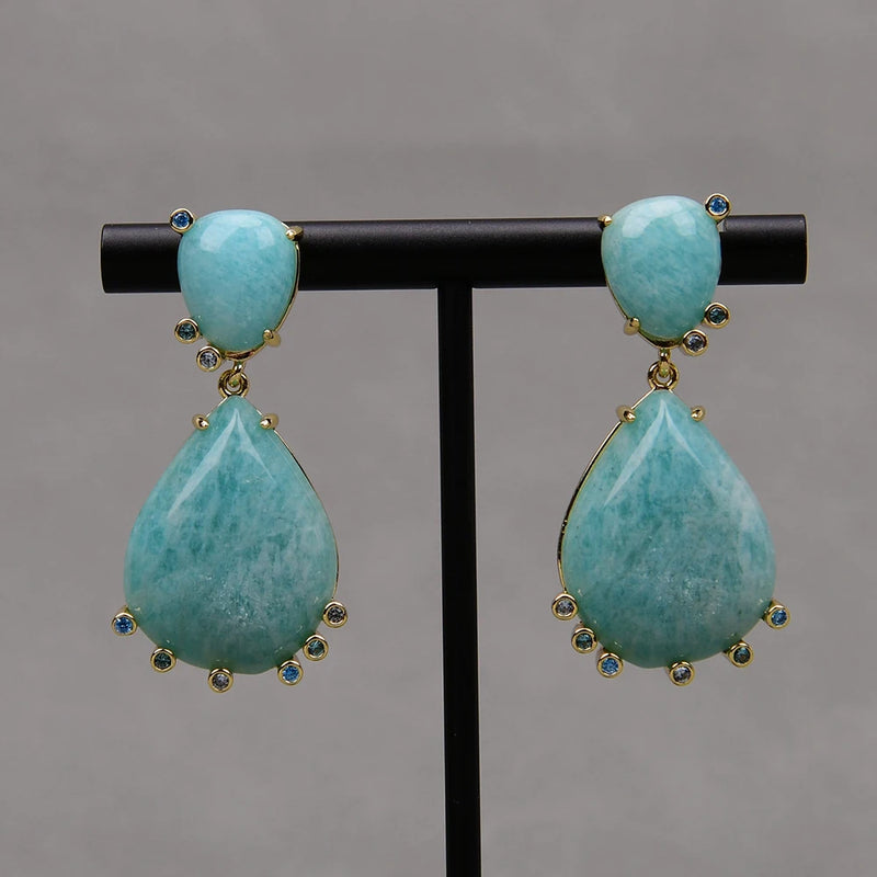 Gold Plated Amazonite Teardrop Dangle Earrings for Women