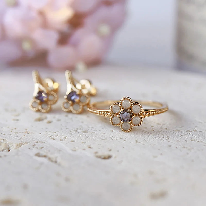 925 Sterling Silver Gold Plated Iolite Agate Flower Stud Earrings for Women