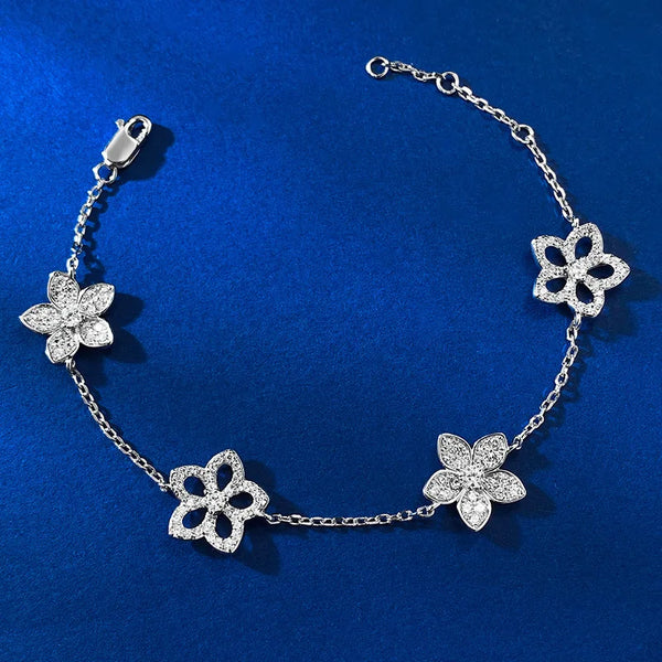 925 Sterling Silver Hollow Five Petal Flower Bracelet for Female