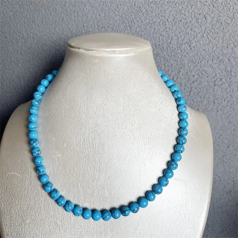 Silver 8mm Blue Turquoise Necklace with Black Lines for Female