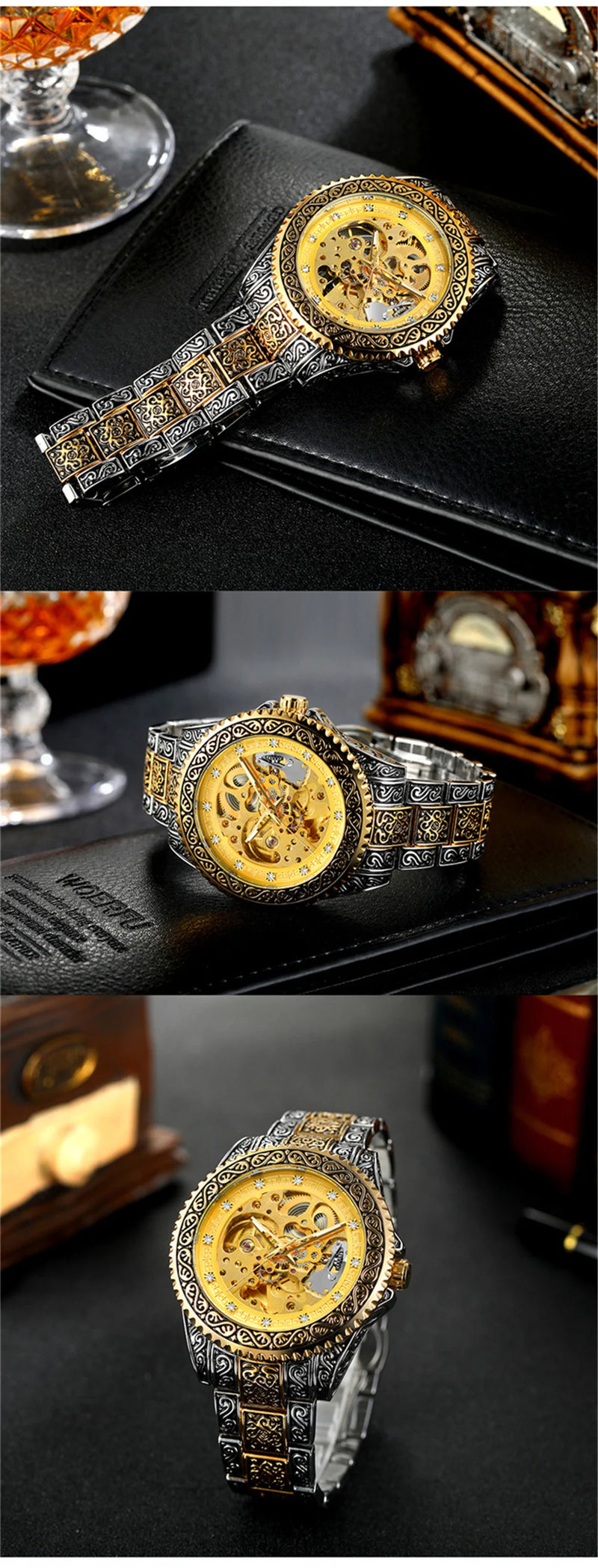 Stainless Steel Gold Automatic Mechanical Watch for Men