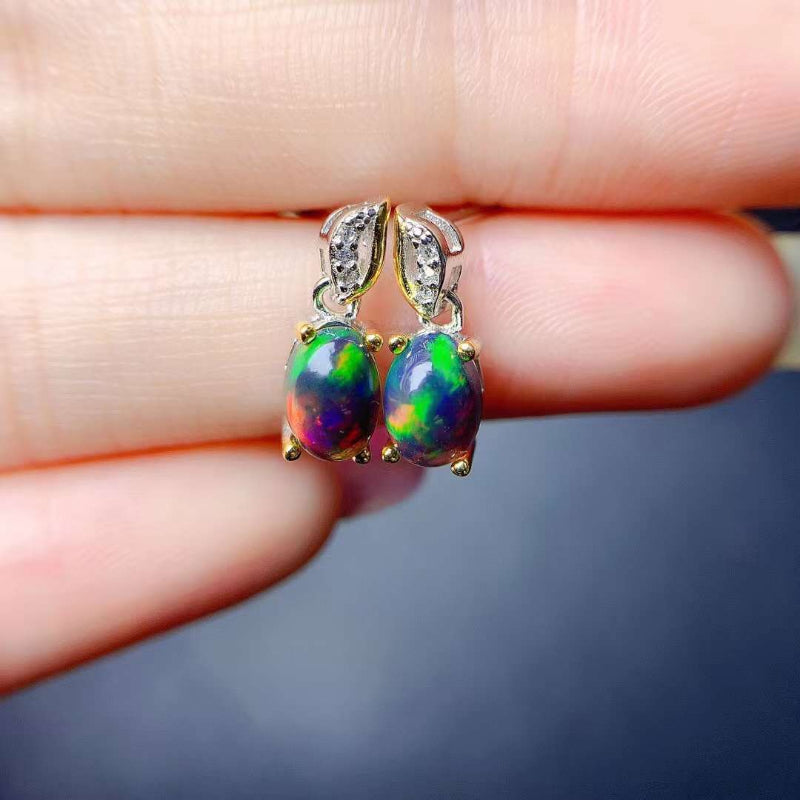 925 Sterling Silver Black Opal Earrings with Fire Colors for Women