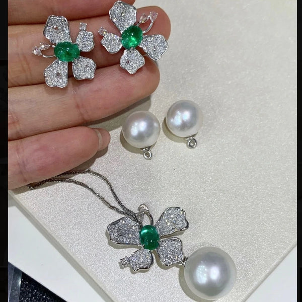 Wong Rain 925 Sterling Silver 9-10MM Natural Pearls Emerald High Carbon Diamond Gems Pendant Necklace/Earrings Jewelry Sets