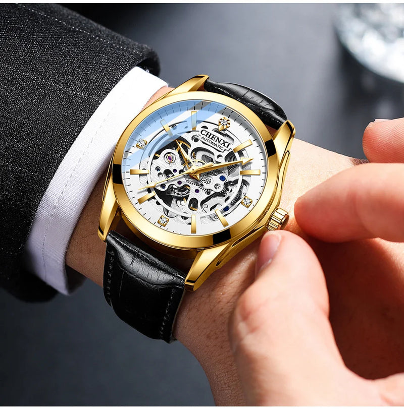 Stainless Steel Leather Strap Automatic Skeleton Luminous Waterproof Watch for Men