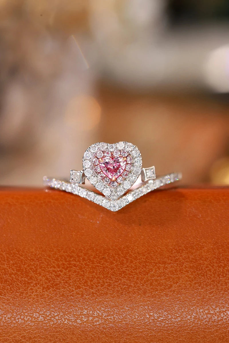 18K White Gold Pink Diamond Heart-Shape Ring for Women