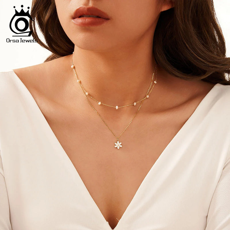 Sterling Silver Pearled Flower Pendant Layered Choker Necklace for Women