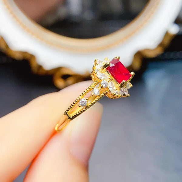 S925 Sterling Silver Zircon Fine Fashion Natural Square Ruby Ring for Women