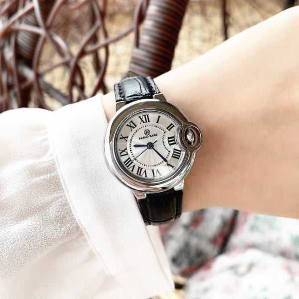 Luxury Watch for Women: Elegant Black Leather Casual Timepiece with Blue Balloon Design