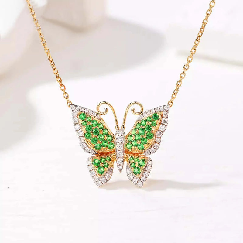 18K Yellow Gold Sapphire/Tsavorite/Pink Sapphire Insect Pendant Necklace for Women