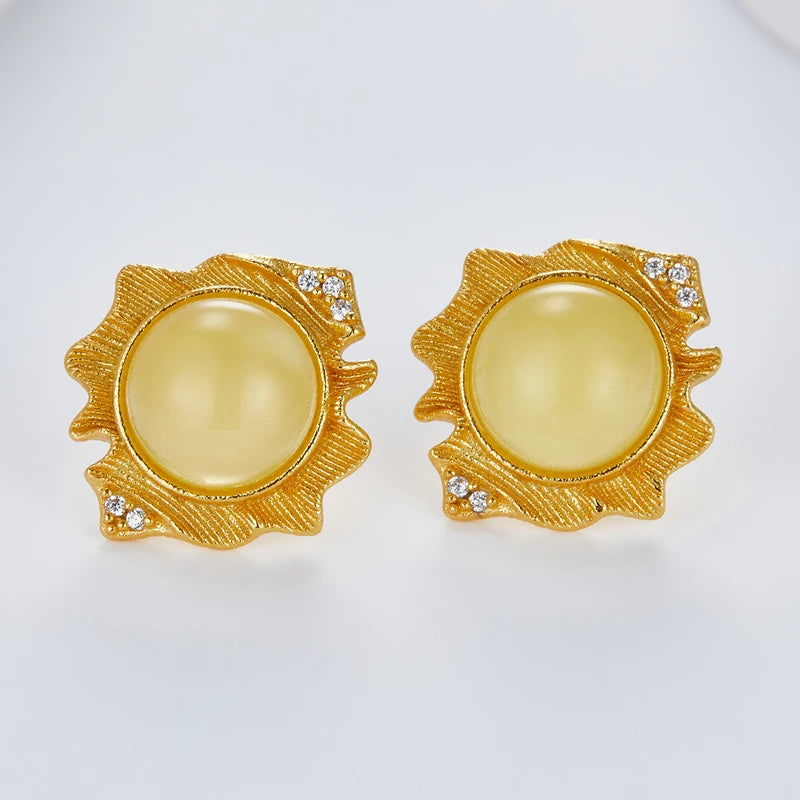 Sterling Silver Inlaid Natural Amber Geometric Stud Earrings for Women