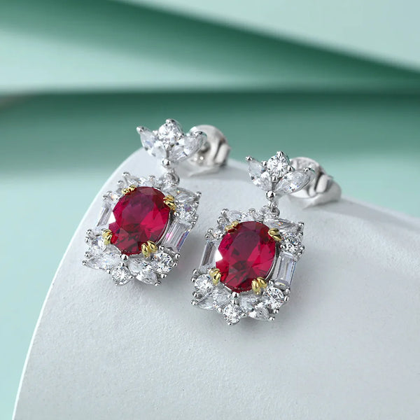 925 Silver Garnet Stud Earrings 6x8mm for Women