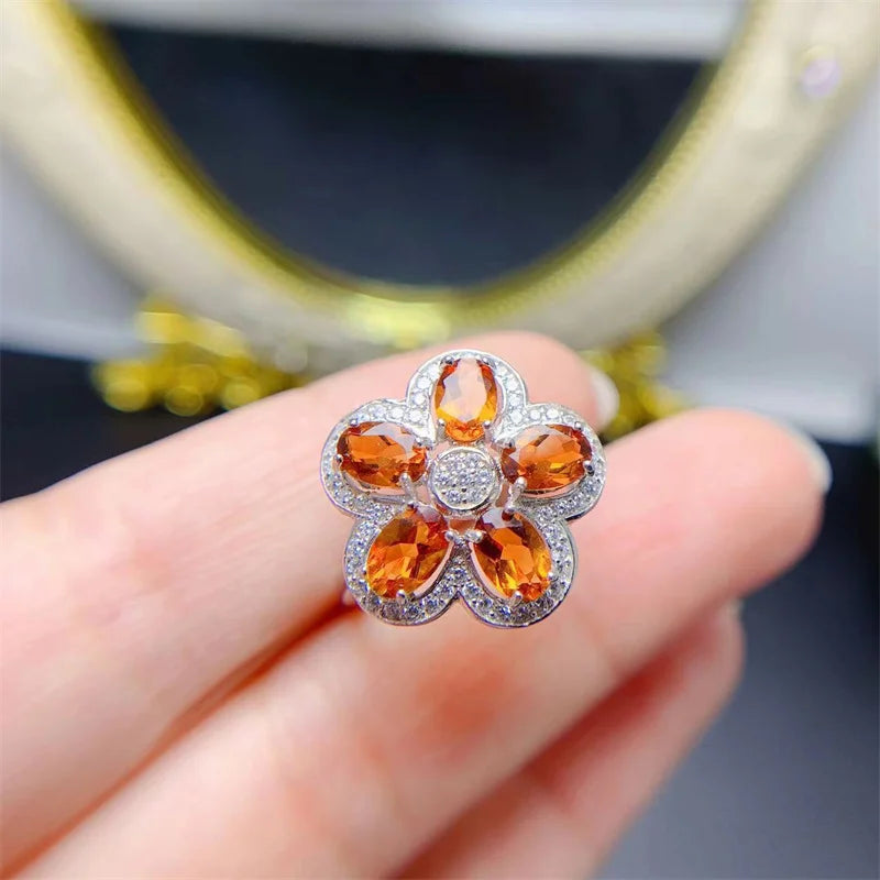 925 Sterling Silver Natural Citrine Flower Ring for Women