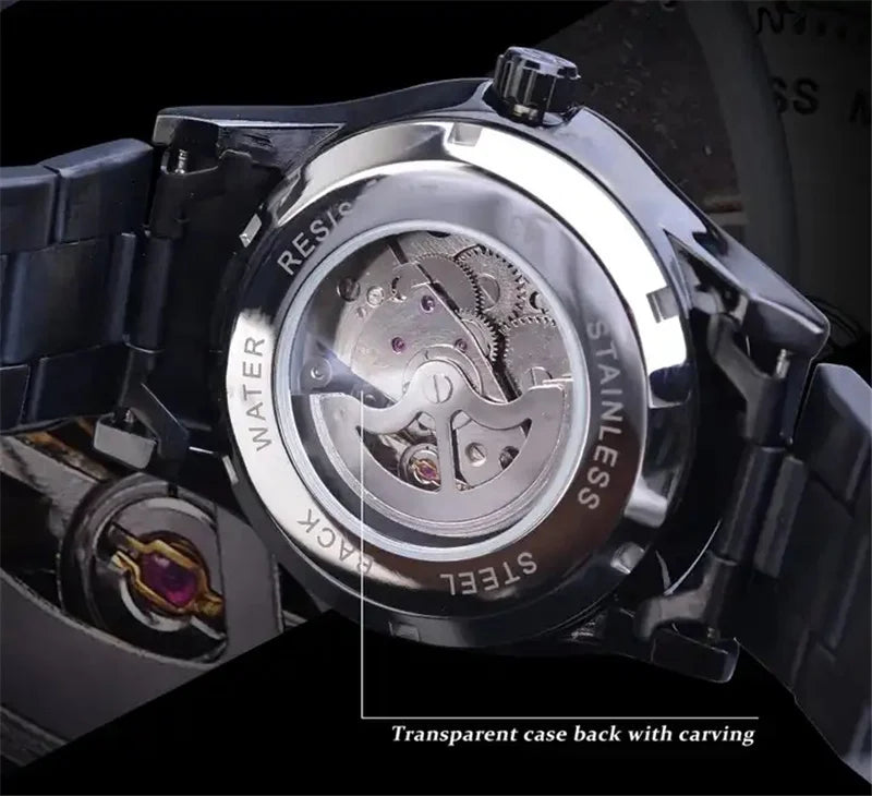 Golden Stainless Steel Skeleton Automatic Mechanical Watch for Men