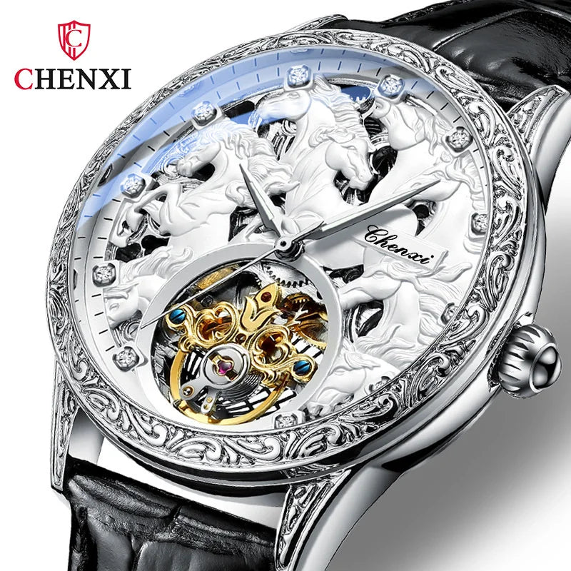 Leather High Grade Fully Automatic Hollow Luminous Waterproof Flywheel Mechanical Watch for Men