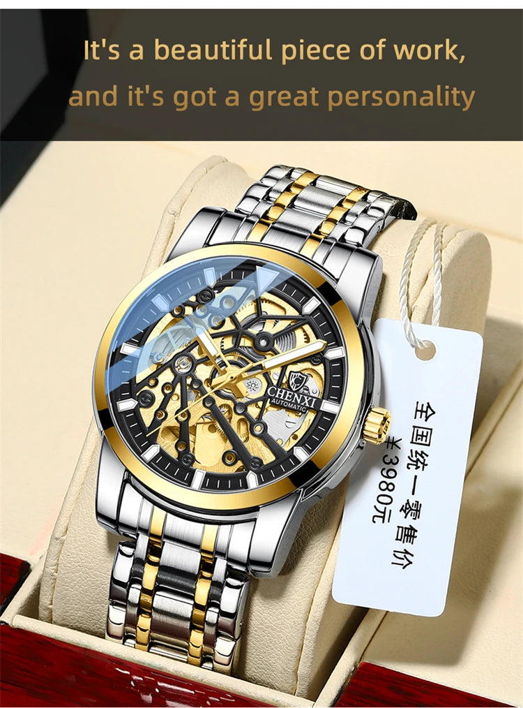 Stainless Steel Hollow Automatic Self-Wind Luminous Mechanical Watch for Men